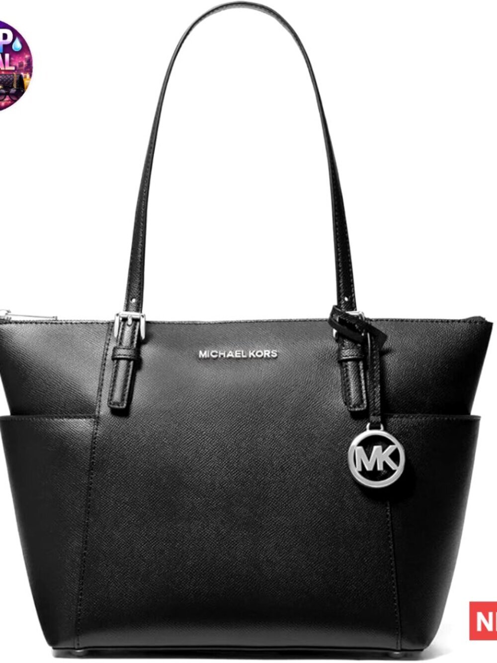 Leather Top Zip Tote Bag with Silver-Tone Hardware